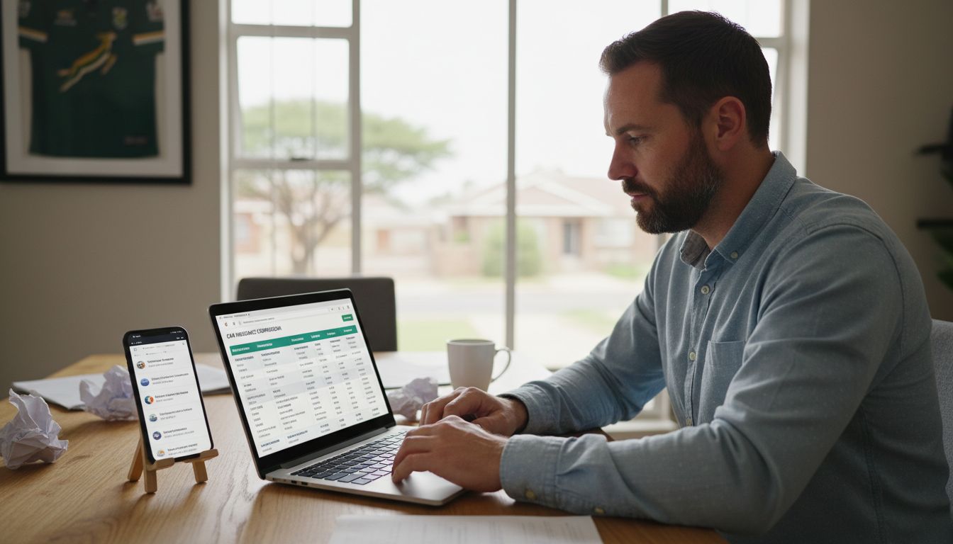 South African driver comparing multiple car insurance quotes on a laptop and phone, with policy details visible